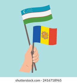 Flags of Uzbekistan and Andorra, Hand Holding flags