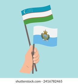 Flags of Uzbekistan and San Marino, Hand Holding flags