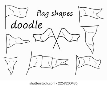 Flags Various Shapes doodle set. Collection of Hand drawn flags isolated on white background. Vector