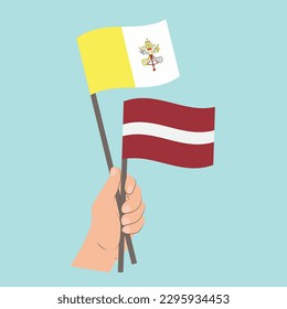 Flags of Vatican City and Latvia, Hand Holding flags