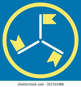 Flags vector icon. Style is bicolor flat circled symbol, yellow and white colors, rounded angles, blue background.