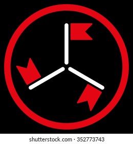 Flags vector icon. Style is bicolor flat circled symbol, red and white colors, rounded angles, black background.