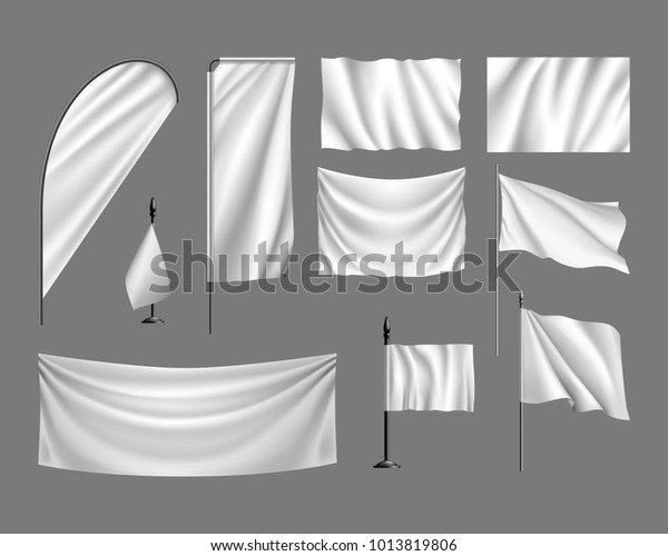 フラグのベクター画像モックアップ グレイの背景に白い国旗 バナー ストリーマーを設定します 空の布のコレクション ベクターテンプレート のベクター画像素材 ロイヤリティフリー