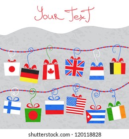 Flags of the World bunting on background with space for your text