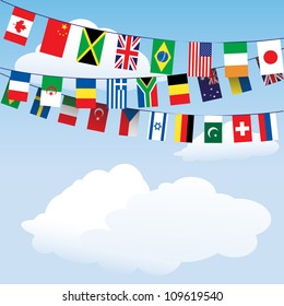 Flags of the World bunting on cloud background with space for your text. EPS10 vector format