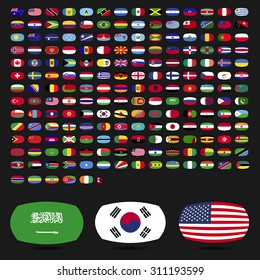 Flags of the world collection, round corner rectangles icons with detailed emblems and official colors on black background. vector illustration