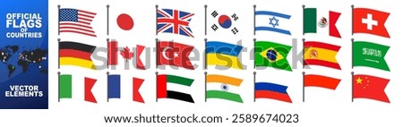 Flags of the world. Flags of countries as badges. International flags, country emblems, global identity, national flags, geographical symbols