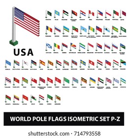 Flags Of World Countries Collection Pole Flags Isometric Set P-Z