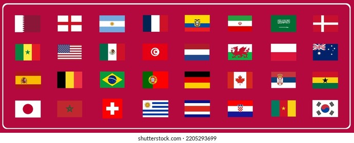 Campeonato Mundial de Banderas 2022. banderas de países participando en el torneo internacional de fútbol en Qatar, ilustración vectorial.