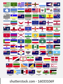 Flags of the world, dependencies, provinces, islands, territories, disputed territories, regions, non recognized by UN, self proclaimed, collection, eps 10