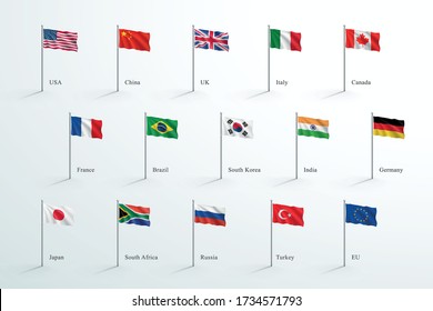 Flags Of The World Flying On 3d Flagpole Vector Set