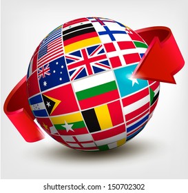 Flags of the world in globe with an arrow. Vector illustration.