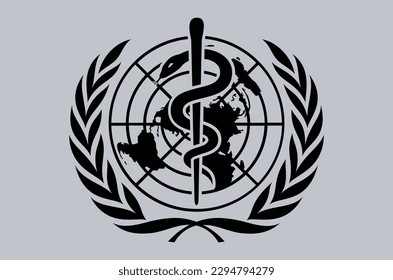 Banderas de la Organización Mundial de la Salud OMS sobre un fondo gris de los colores oficiales del vector