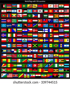 Flags of the world and map on black background. illustration.