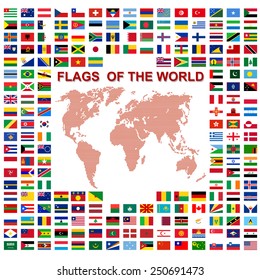 Flags of the world and  map on white background. Vector illustration.