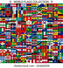 Flags of the world and  map on white background. Vector illustration.