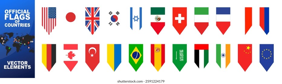Flags of the world. National wavy flags icons vector, main flag languages set. Website language choice symbols. USA, Japan, France, Italy, Great Britain, China, Ukraine, Korea and others