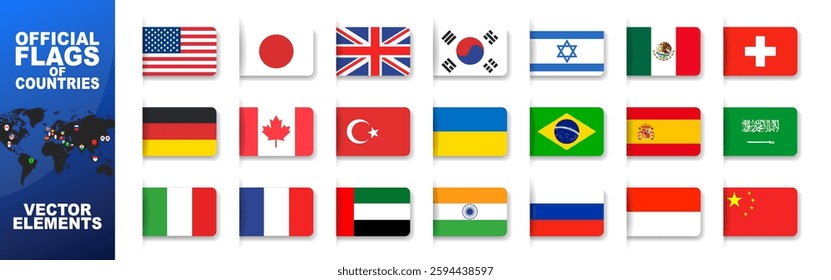 Flags of the world. National wavy flags icons vector, main flag languages set. Website language choice symbols. USA, Japan, France, Italy, Great Britain, China, Ukraine, Korea and others