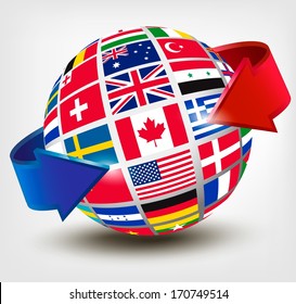 Flags of the world on a globe with an arrow. Vector illustration 