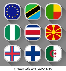 Flags of the world, rounded squares with shadow, set 03