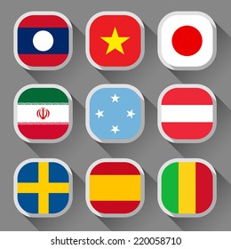 Flags of the world, rounded squares with shadow, set 11