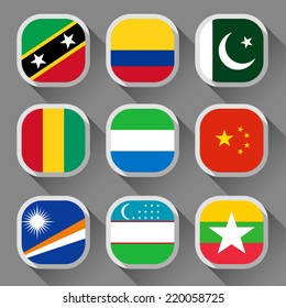 Flags of the world, rounded squares with shadow, set 13