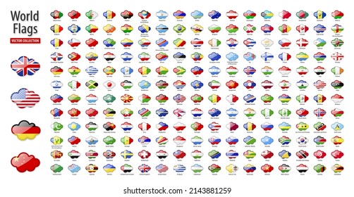 Flags of the world - vector set of cloudy flags, glossy icons. Flags of all countries and continents