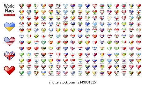 Flags of the world - vector set of heart shaped glossy icons. Flags of all countries and continents