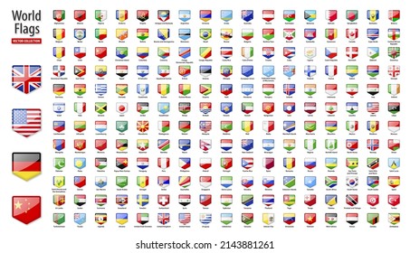 Flags of the world - vector set of pentagonal, glossy icons. Flags of all countries and continents