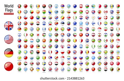 Flags of the world - vector set of round, glossy icons. Flags of all countries and continents