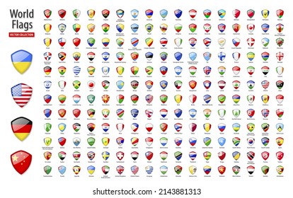 Banderas del mundo - conjunto vectorial de escudo, iconos glososos. Banderas de todos los países y continentes