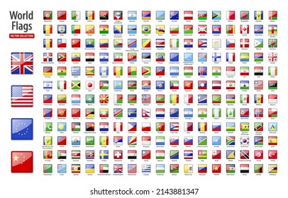 Flags of the world - vector set of square, glossy icons. Flags of all countries and continents