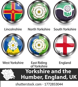 Flags of Yorkshire and the Humber region in England, United Kingdom in glossy badges. Vector image