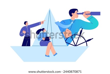 Flagship, businessman leads team forward, business vision and perspective, team floats the boat