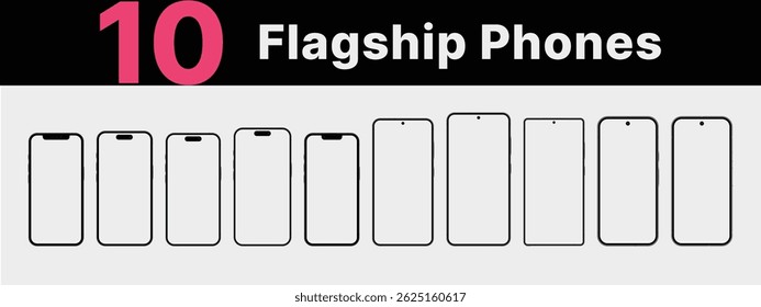Teléfonos móviles emblemáticos. Conjunto de 10 smartphones de Vector fotorrealistas con pantallas blancas vacías. Ideal para comercio electrónico, UI, UX y presentación de productos. 