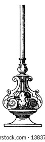 Flag-Staff Finial found on the lower end, decorative ornament, top, authorized, vintage line drawing or engraving illustration.