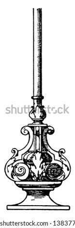 Flag-Staff Finial found on the lower end, decorative ornament, top, authorized, vintage line drawing or engraving illustration.