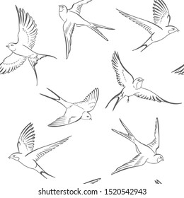 Flaing Swallows. Seamless pattern. Template. Close-up. Clip art. Hand Painting. Ink. Line art, black and white. Vector. Invitation