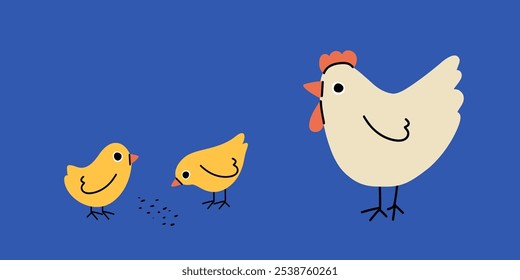 Gallinas de cartón y gallina de la familia en estilo plano aislado en el fondo. Madre y pajaritos. Animales de granja. Ilustración vectorial.