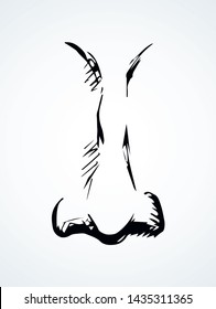 Flair odor male nozzle neb on light skin backdrop. Freehand linear black ink hand drawn logo emblem design concept sketchy in retro art doodle etched print style pen on paper text space. Close up view