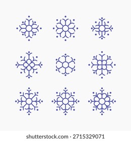 Flake of snow icons. Modern linear design sign of 9 snowflakes. New year's traditional decor elements. Christmas ornament.
