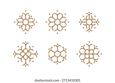 Flake of snow icons. Set of 6 geometric shape. Modern linear design sign of 6 snowflakes. New year's traditional decor elements.