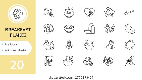 Flakes breakfast line icon set, cornflakes, and oatmeal. Editable outline