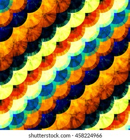 The flakes, circles of randomly mixed elements. Diagonal. Carnival colors. Abstract seamless vector background. For fabrics, printing, packaging paper.