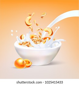 flakes corn oats, filled with milk, yogurt and apricot slices 3d realistic vector illustration
