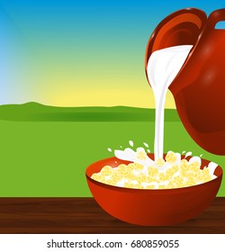 Flakes corn or wheat in a bowl. Milk pouring from the jug a plate with cereal.  Background field, sky and sun. Vector illustration.