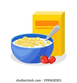 Flakes with milk. Breakfast. Icon in cartoon style. Isolated object.