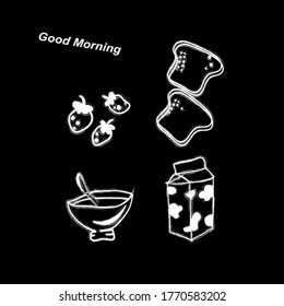 Flakes with milk and strawberries, toast, icons, breakfast, vector