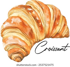 Ilustración de acuarela de cruasán escamoso. Croissant de mantequilla dorado-marrón pintado a mano aislado sobre fondo blanco