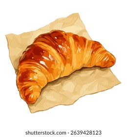 A flaky, golden croissant set atop rustic bakery paper an inviting watercolor vector perfect for artisan bakery branding and cozy cafe menus.